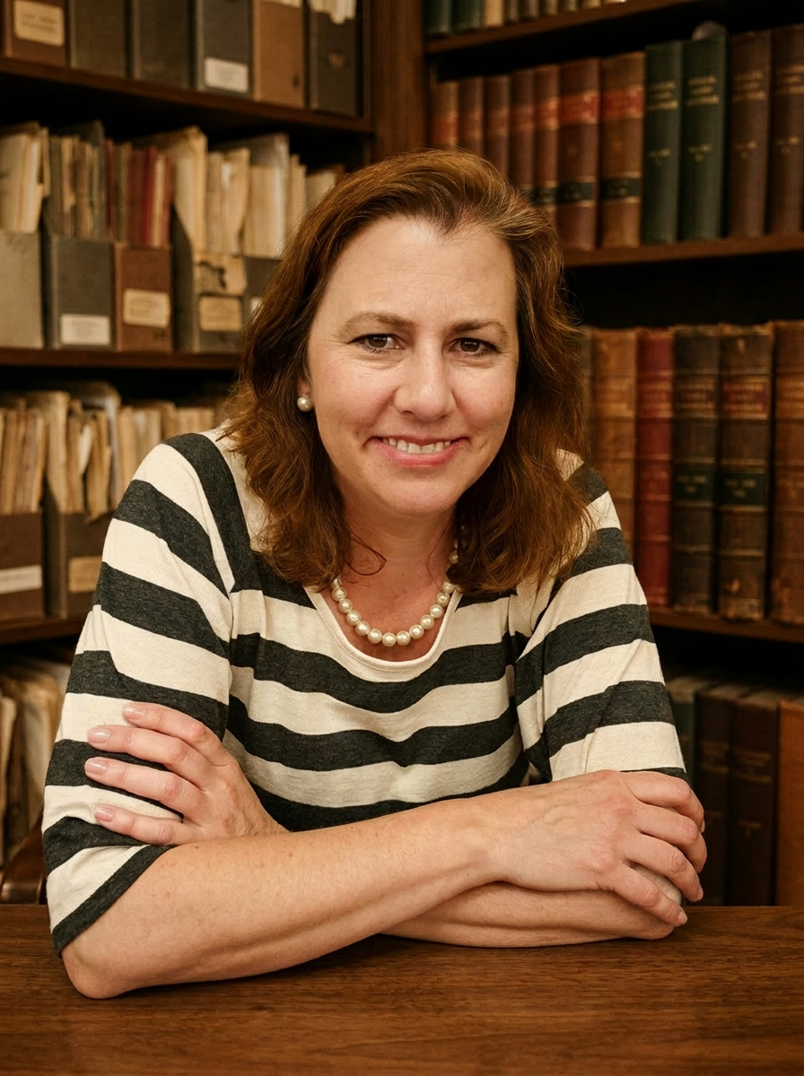Portrait of author Lucy Ramsdell in an archival library