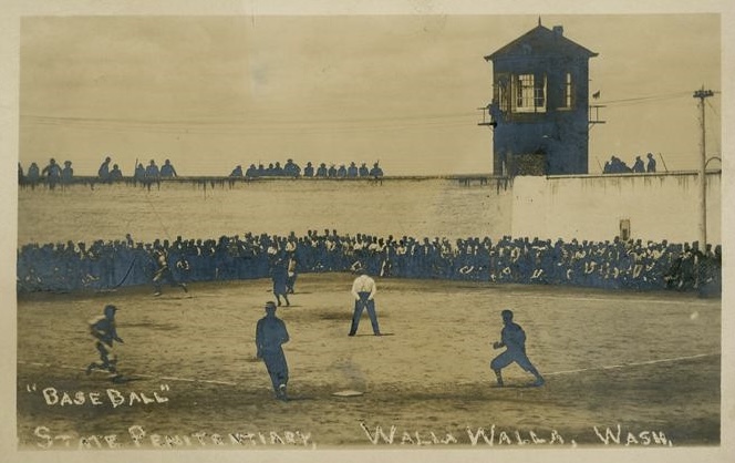 Authentic circa-1910 postcard: baseball game at the Washington State Penitentiary in Walla Walla, with watchtower and inmate spectators